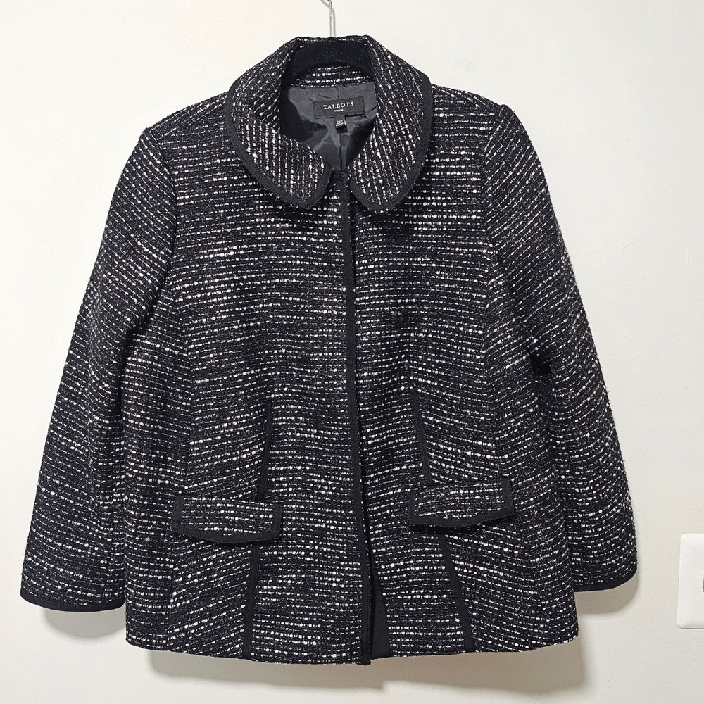 Talbots Black Tweed‎ Blazer Jacket Peter Pan Collar Button Front 14W Office Work